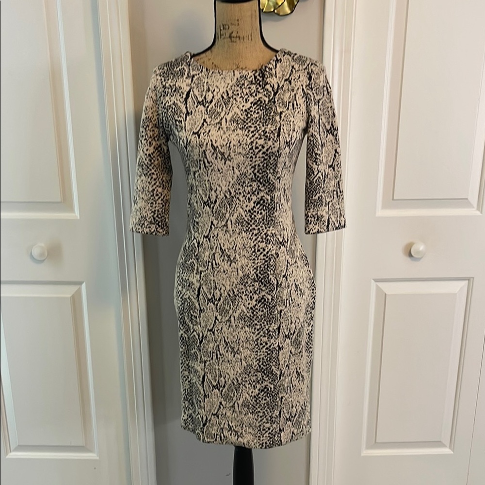 Cream and Black Sheath Dress with 3/4 Cuffed Sleeves for Wedding Guest